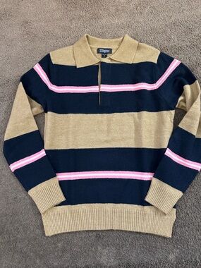 32 Degrees Men’s Striped Zip Polo Sweater - Black, Tan & Pink